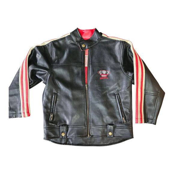 Y2K Mattel Hotwheels Childs Jacket Size 7 Synthetic Leather Black Lined - Picture 2 of 8